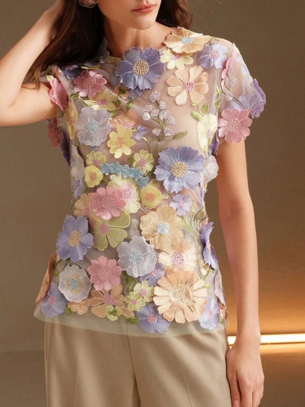 Pink Purple Floral Mesh Top with 3D Flower Appliques